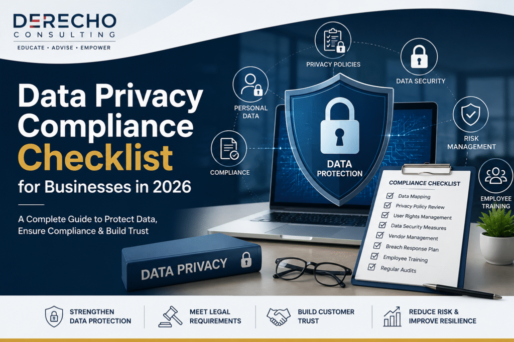 Data Privacy Compliance Checklist for Businesses in 2026 featuring data protection, privacy compliance, cybersecurity, and business governance.