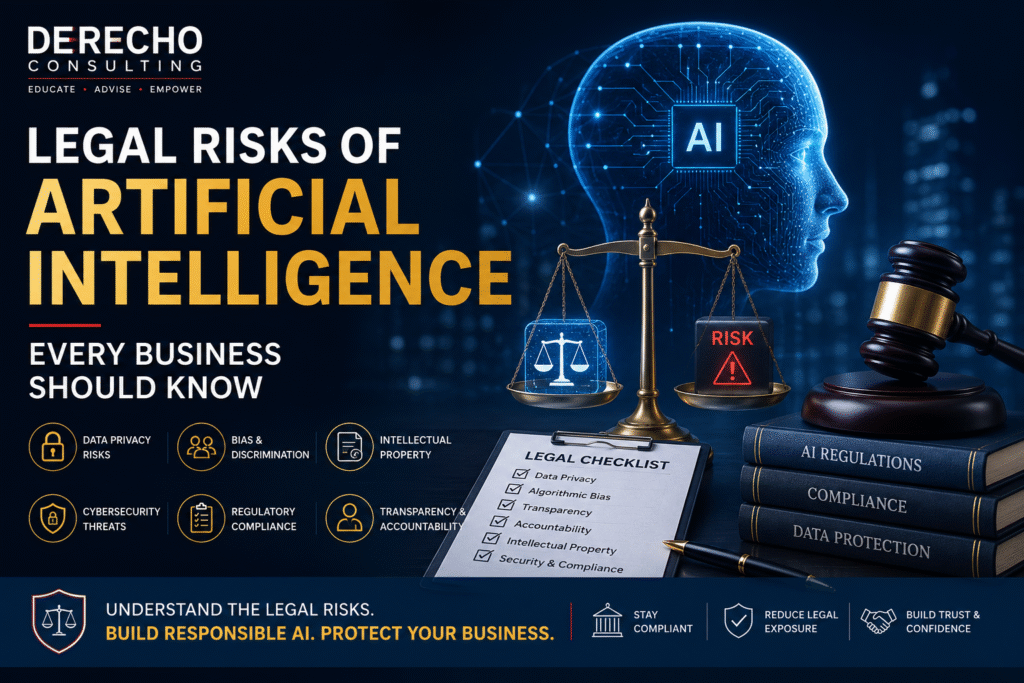 Legal Risks of Artificial Intelligence Every Business Should Know featuring AI governance, legal compliance, cybersecurity, data privacy, and business risk management.