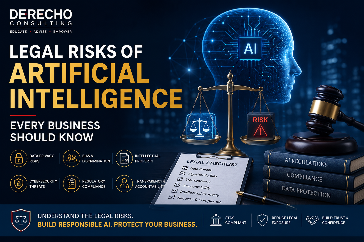 Legal Risks of Artificial Intelligence Every Business Should Know featuring AI governance, legal compliance, cybersecurity, data privacy, and business risk management.