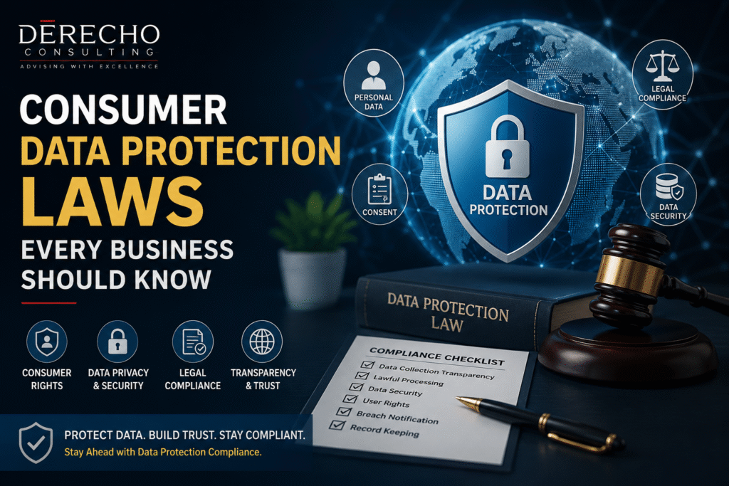 Consumer Data Protection Laws Every Business Should Know featuring consumer privacy, data protection, legal compliance, and business cybersecurity.