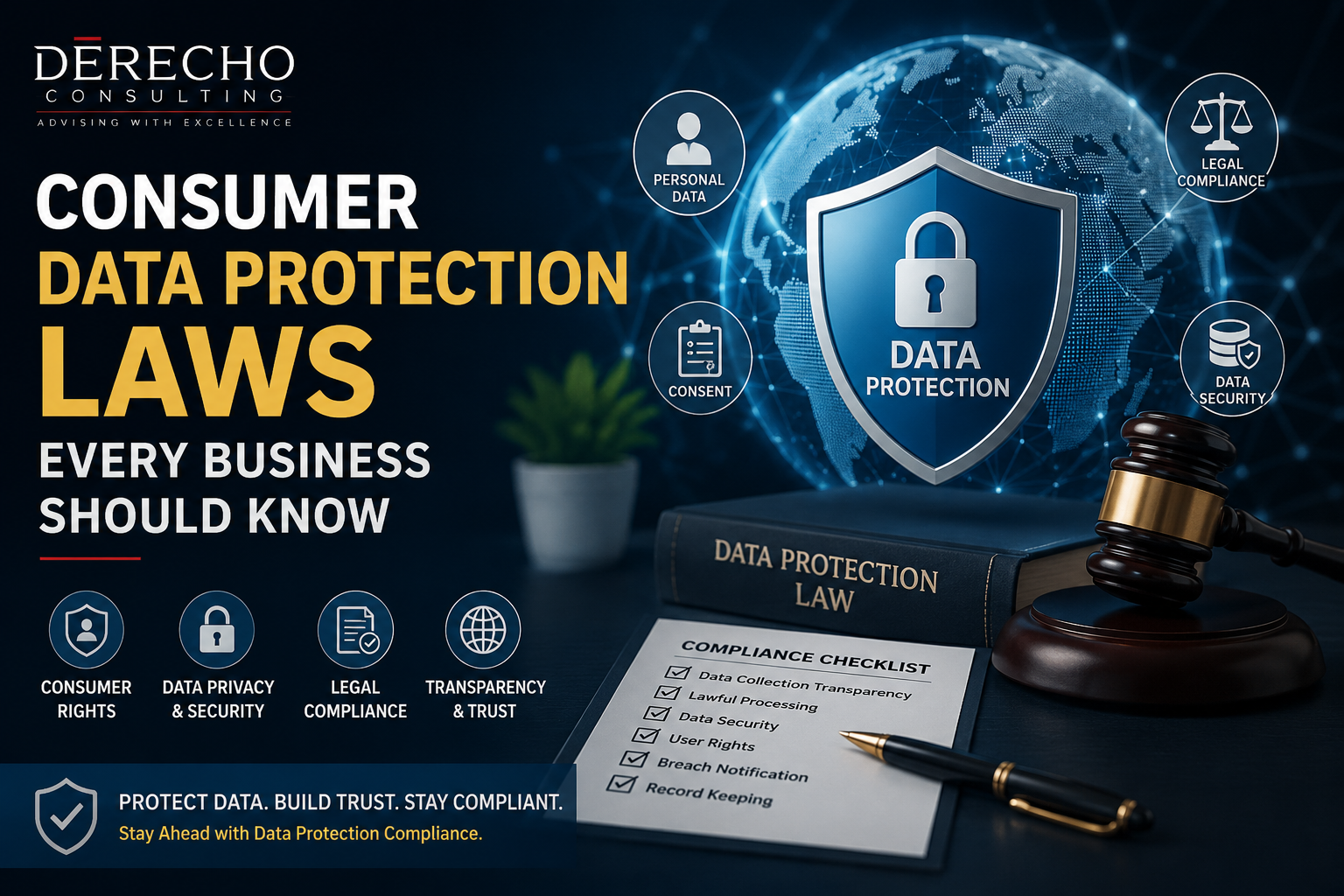 Consumer Data Protection Laws Every Business Should Know featuring consumer privacy, data protection, legal compliance, and business cybersecurity.