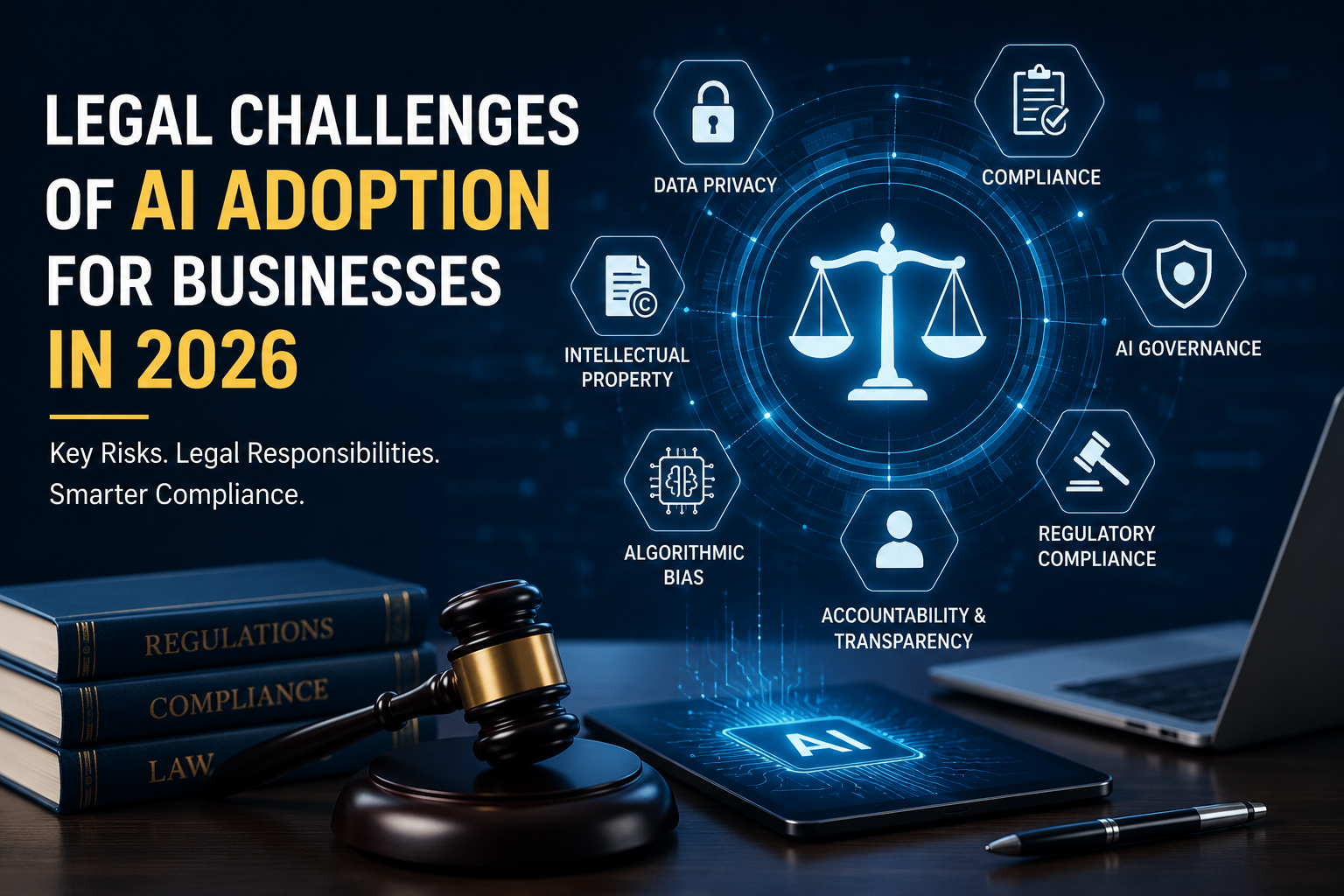 Legal Challenges of AI Adoption for Businesses in 2026 featuring AI governance, data privacy, compliance, and business law.
