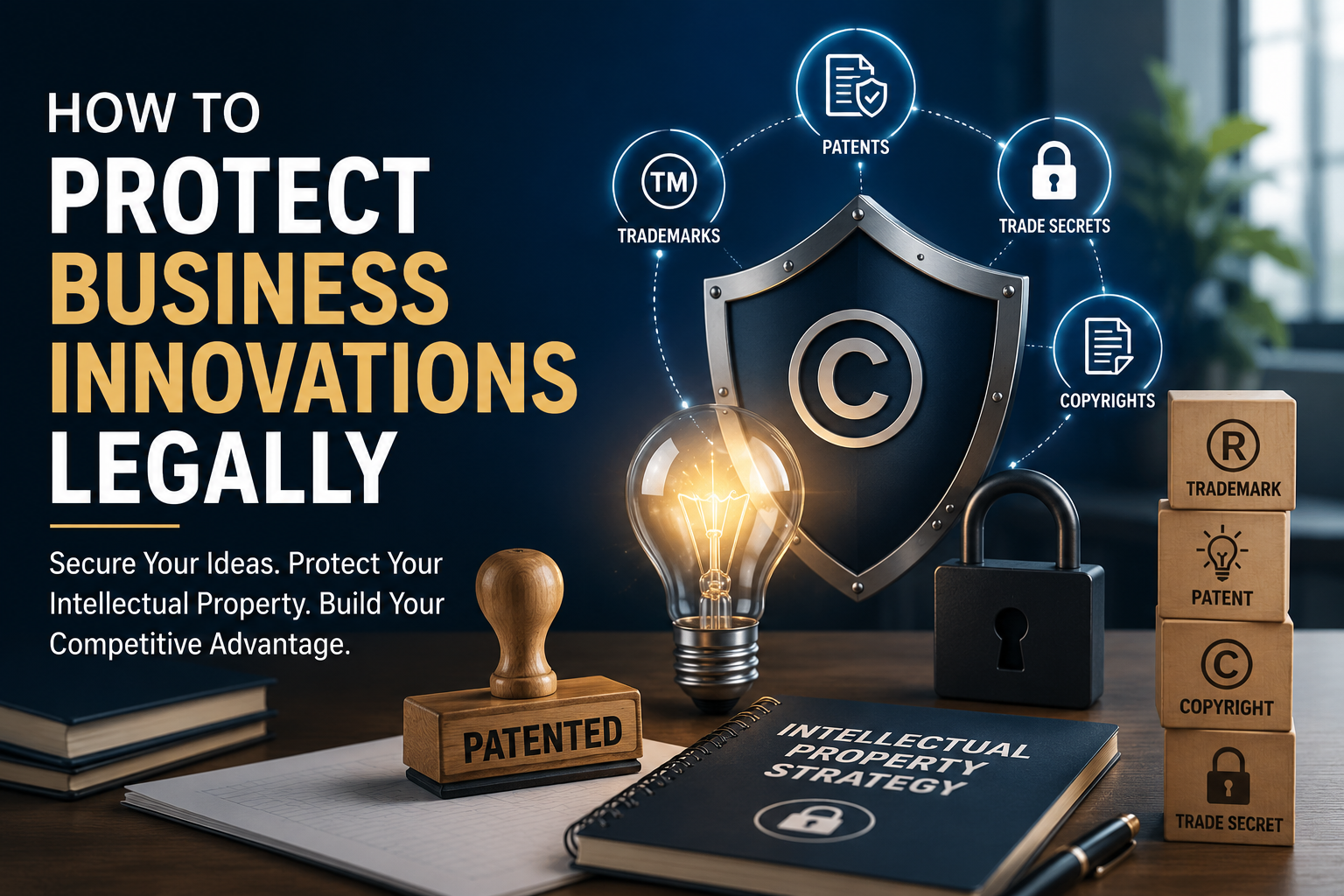 How to Protect Business Innovations Legally with patents, trademarks, copyrights, trade secrets, and intellectual property protection.