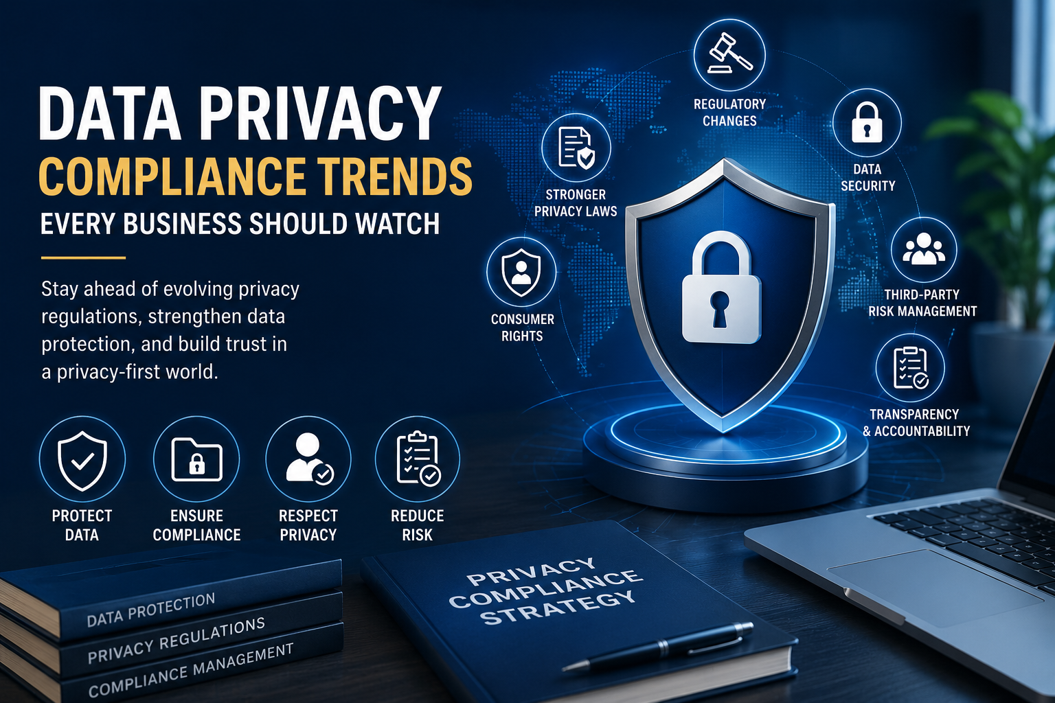Data Privacy Compliance Trends Every Business Should Watch featuring data protection, privacy compliance, cybersecurity, and regulatory compliance.