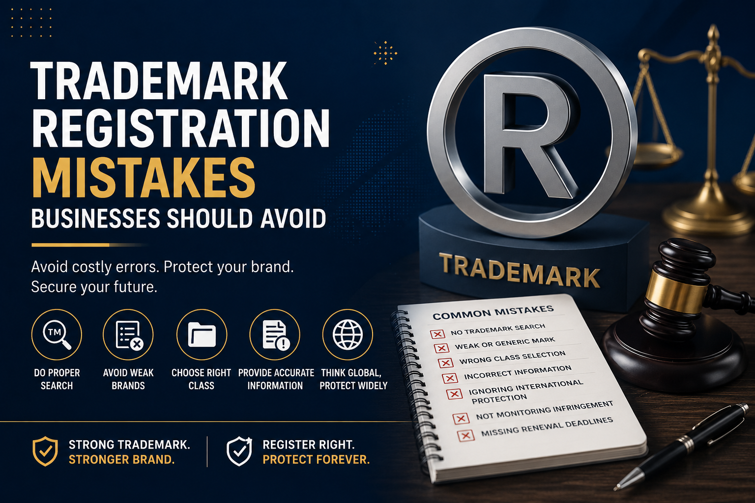 Trademark Registration Mistakes Businesses Should Avoid featuring trademark protection, brand registration, intellectual property, legal compliance, and business law.