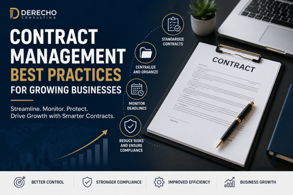 Contract Management Best Practices for Growing Businesses featuring contract lifecycle management, legal compliance, business agreements, and risk management.