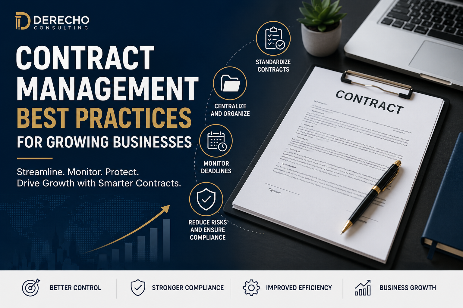 Contract Management Best Practices for Growing Businesses featuring contract lifecycle management, legal compliance, business agreements, and risk management.
