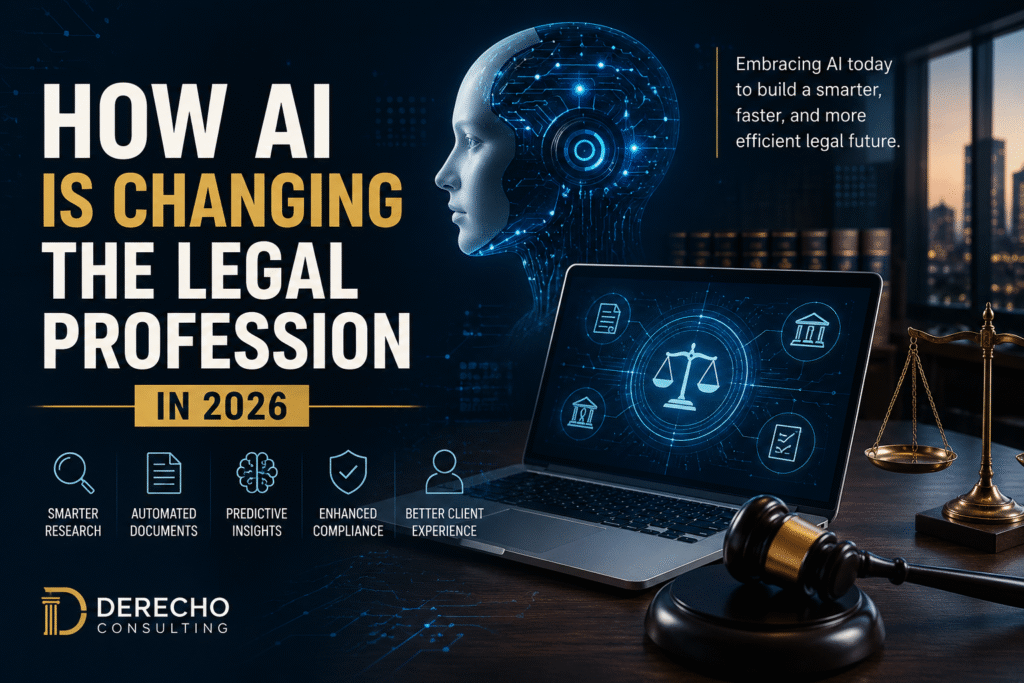 How AI Is Changing the Legal Profession in 2026 featuring artificial intelligence, legal technology, contract automation, legal research, compliance, and digital transformation.