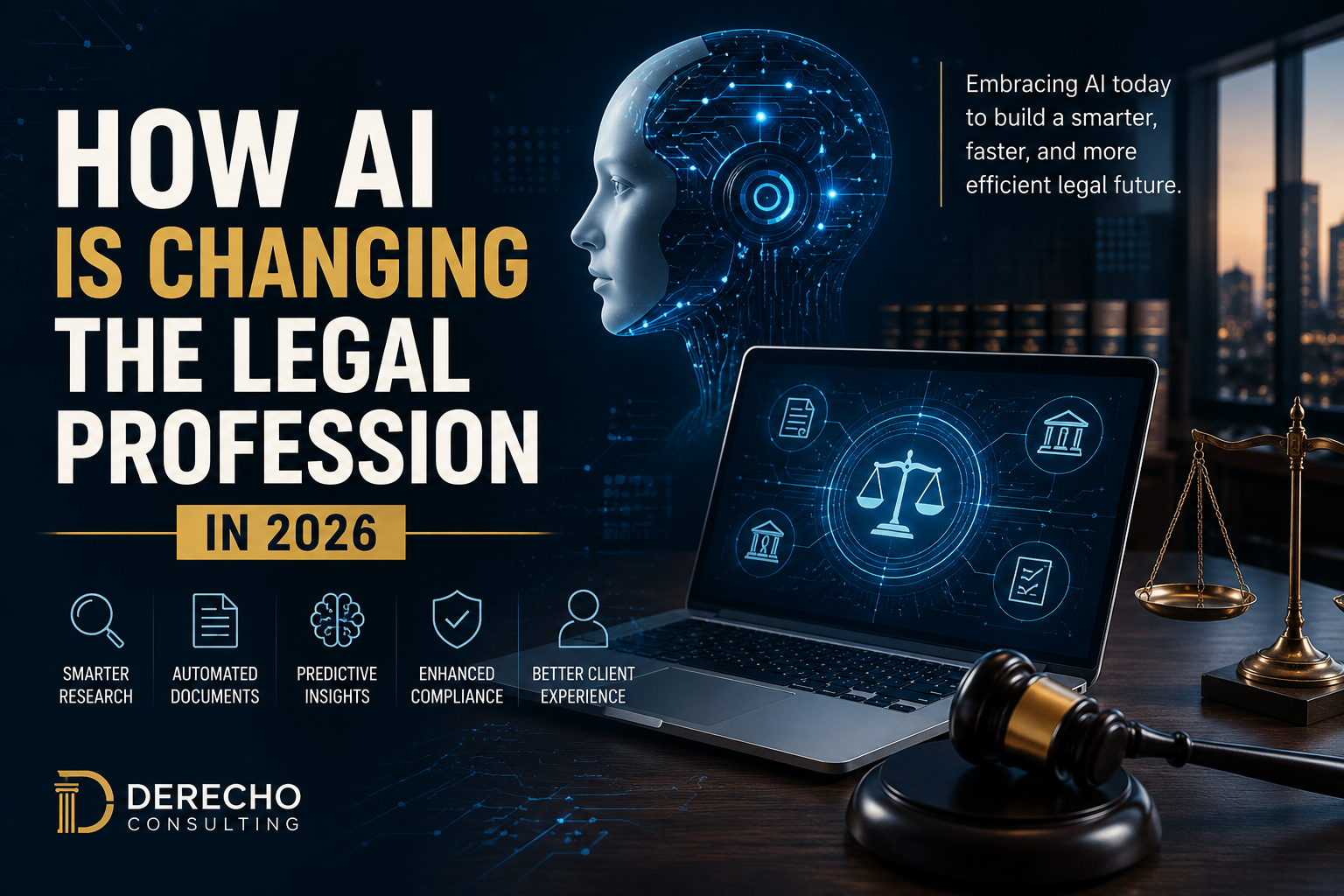 How AI Is Changing the Legal Profession in 2026 featuring artificial intelligence, legal technology, contract automation, legal research, compliance, and digital transformation.