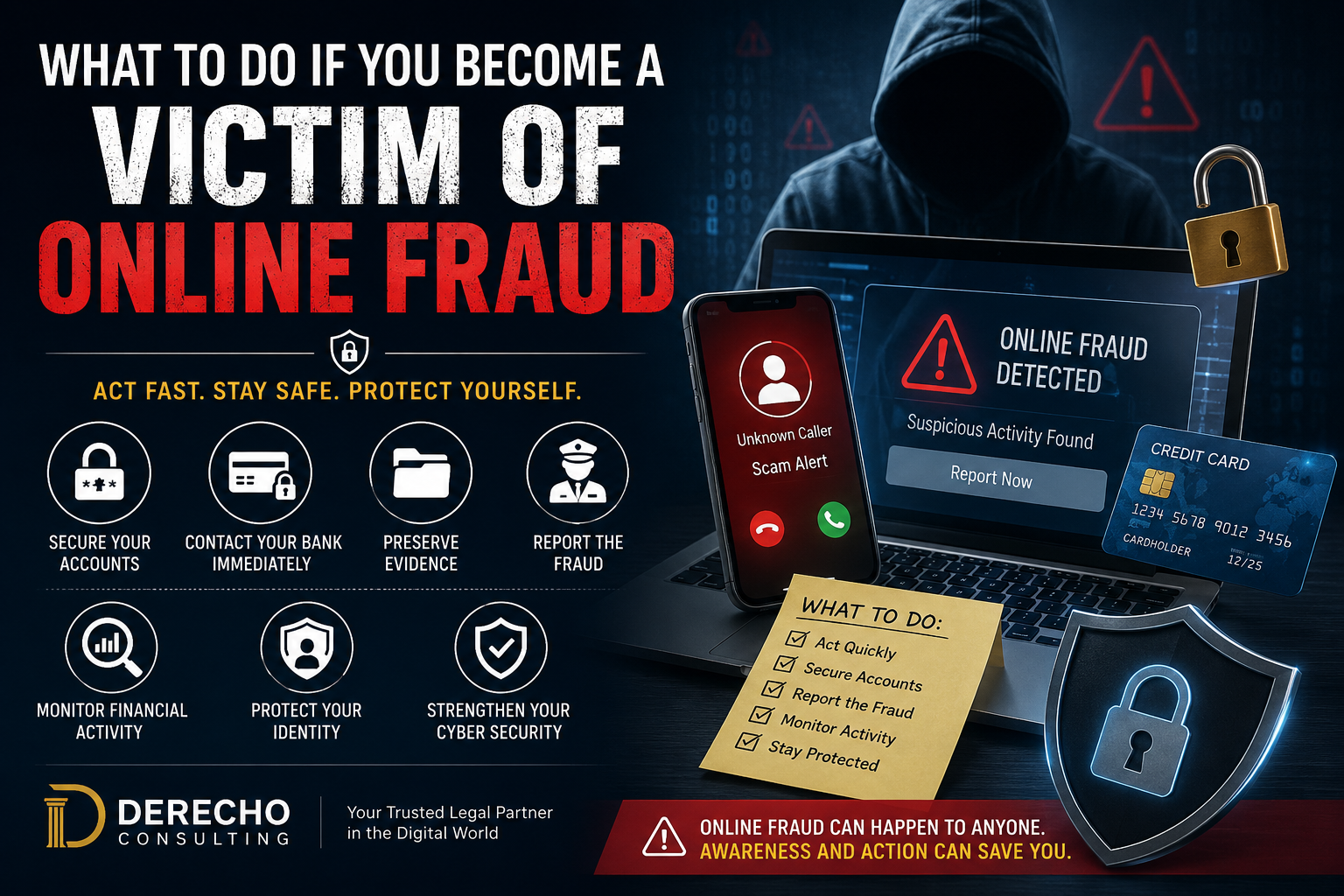 What to Do If You Become a Victim of Online Fraud featuring cybersecurity, online scams, identity protection, and fraud prevention.