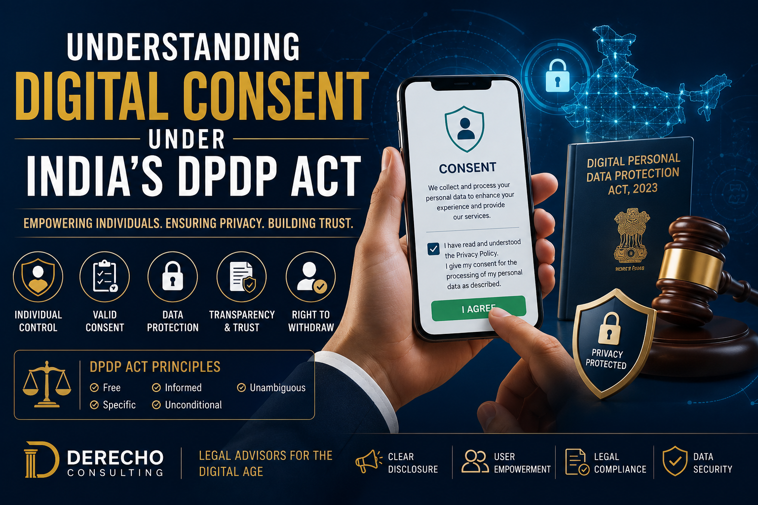 Illustration of digital consent under India's DPDP Act showing a consent form, privacy protection, legal compliance, and data security.