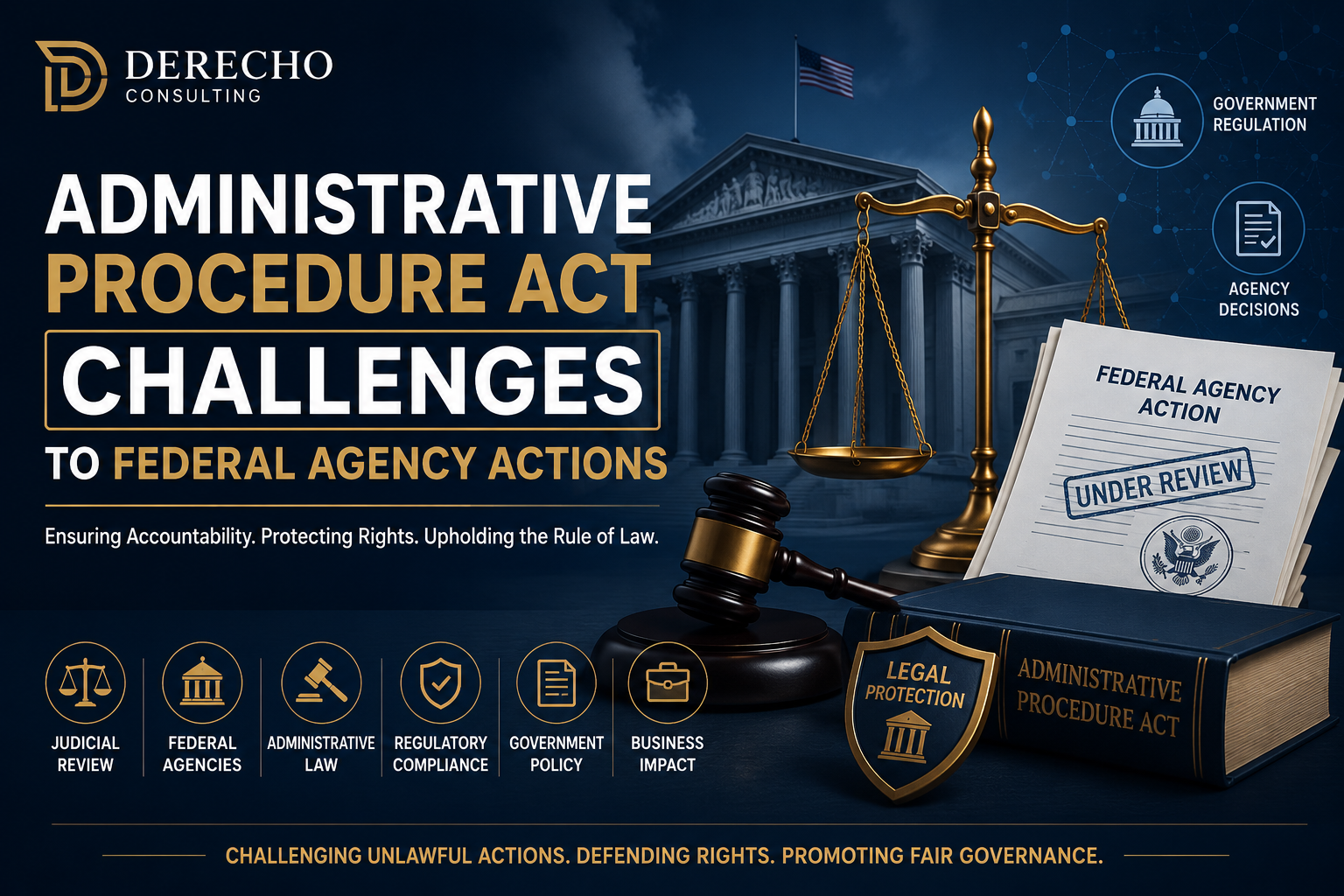 Featured image illustrating Administrative Procedure Act challenges to federal agency actions with a courthouse, judge's gavel, scales of justice, legal documents, and regulatory compliance concepts.