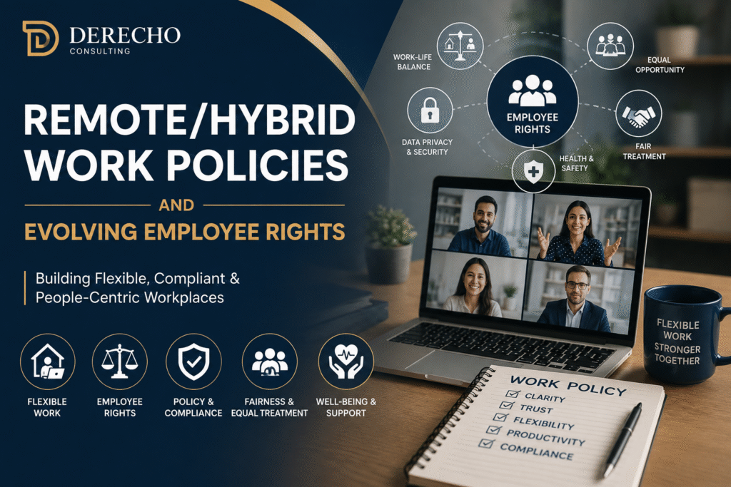 Featured image for Remote/Hybrid Work Policies and Evolving Employee Rights showing a virtual team meeting, employee rights, workplace compliance, remote work policies, and legal compliance concepts.