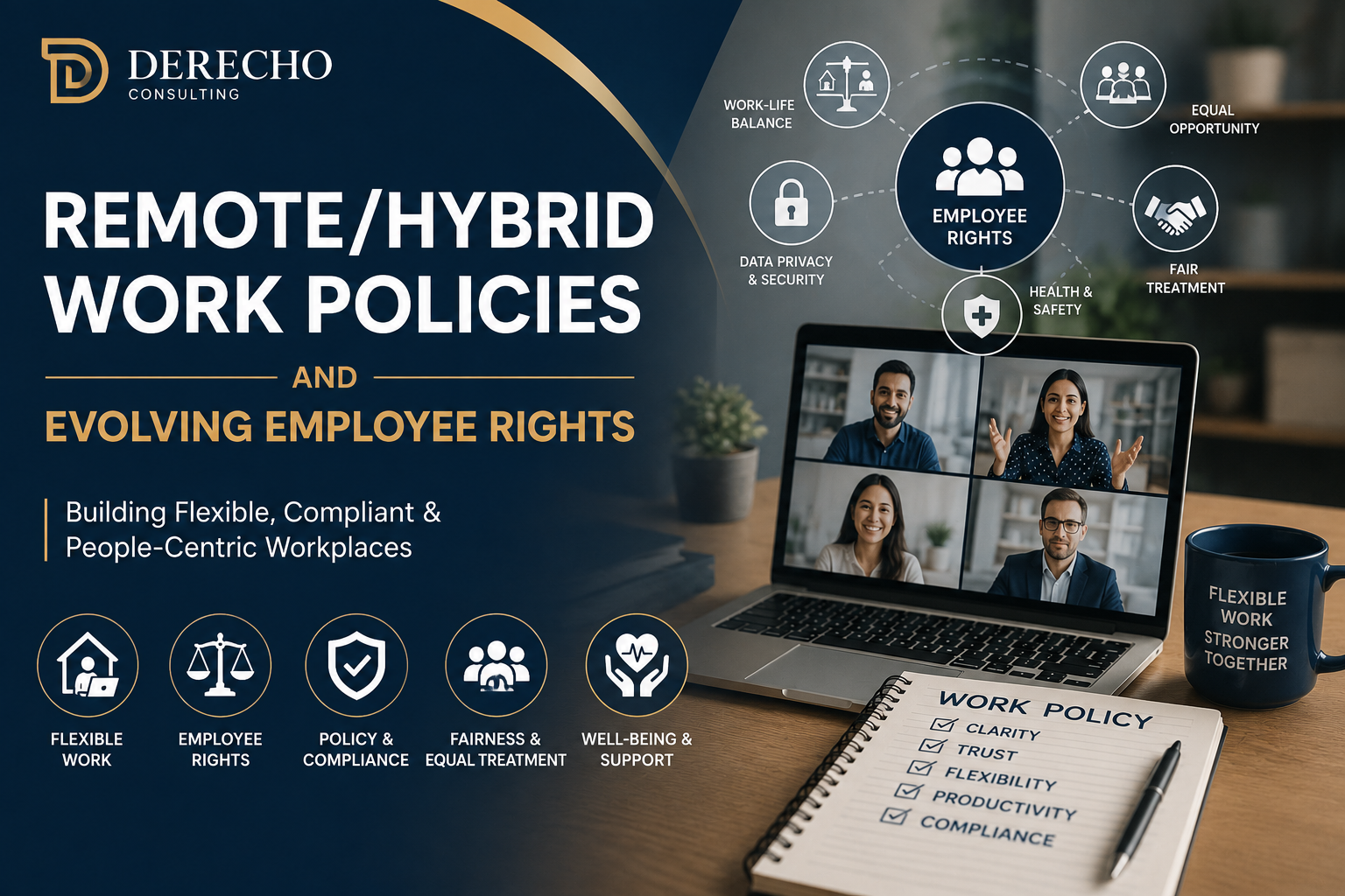 Featured image for Remote/Hybrid Work Policies and Evolving Employee Rights showing a virtual team meeting, employee rights, workplace compliance, remote work policies, and legal compliance concepts.
