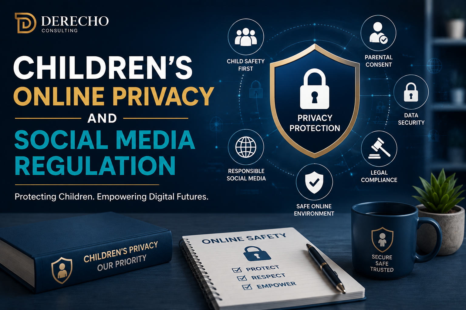 Featured image illustrating children's online privacy, social media regulation, data security, and legal compliance.