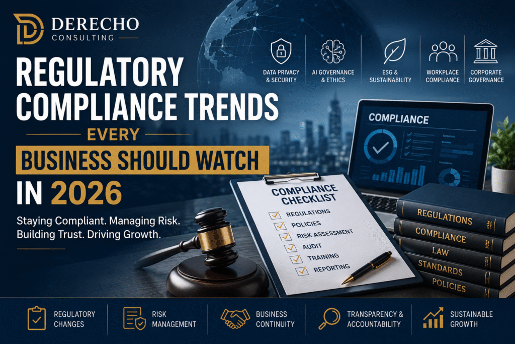Featured image illustrating regulatory compliance trends, corporate governance, AI governance, cybersecurity, and business compliance in 2026.