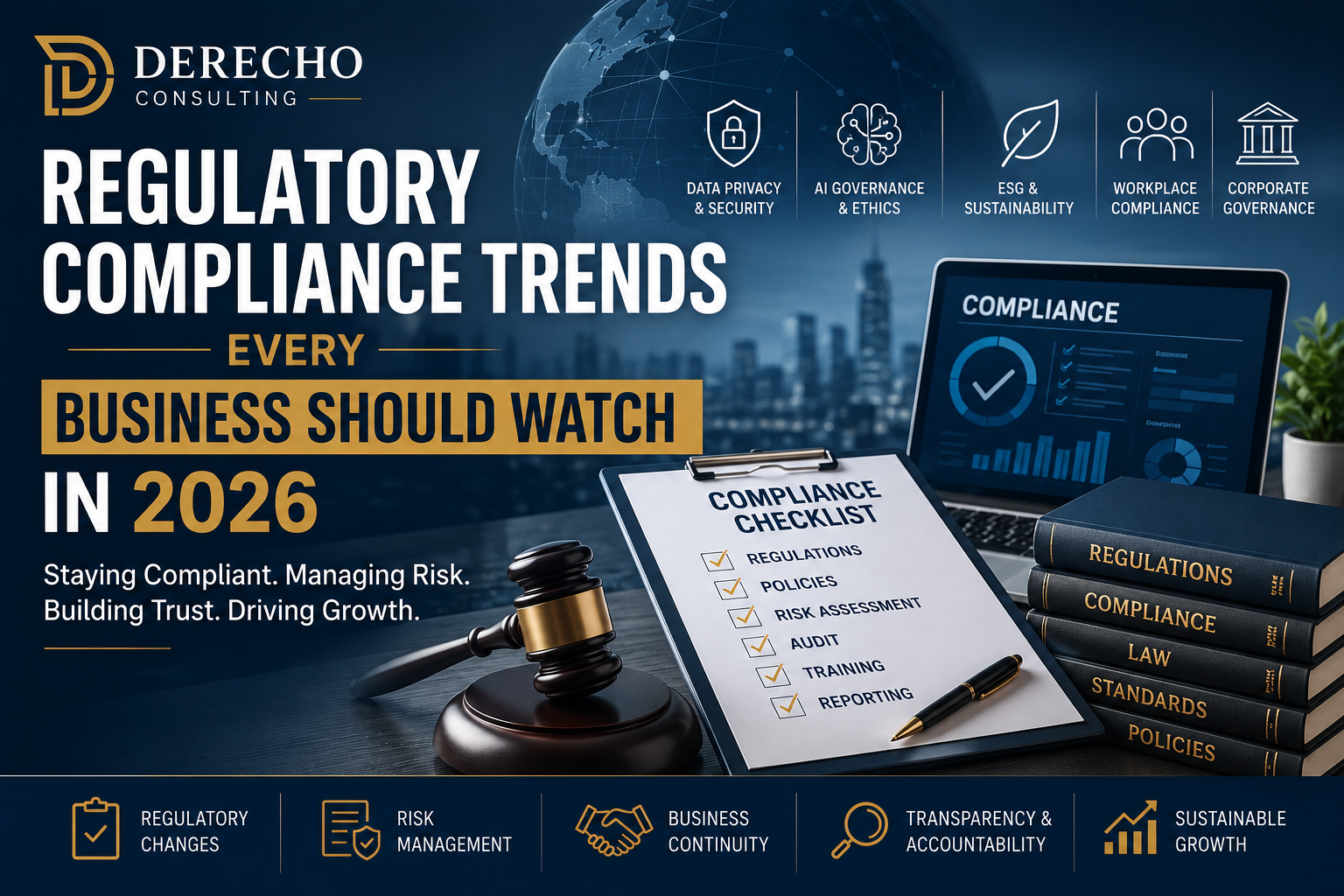 Featured image illustrating regulatory compliance trends, corporate governance, AI governance, cybersecurity, and business compliance in 2026.