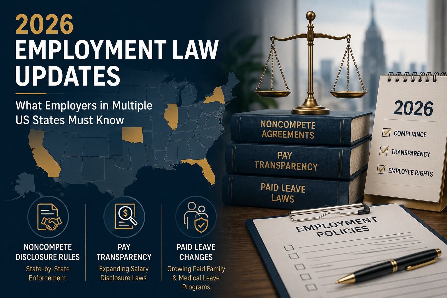 Illustration representing US employment law updates in 2026 including noncompete agreements, salary transparency, and paid family leave compliance.