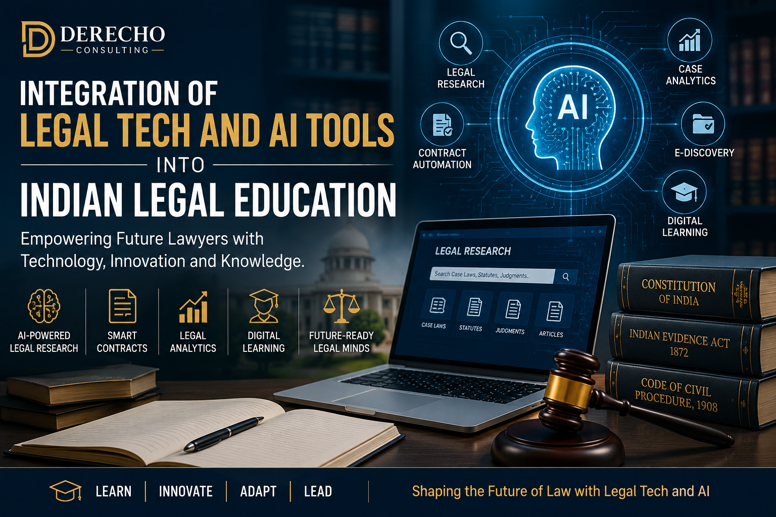 Featured image illustrating the integration of legal tech and AI tools into Indian legal education, highlighting AI-powered legal research, digital learning, and legal innovation.