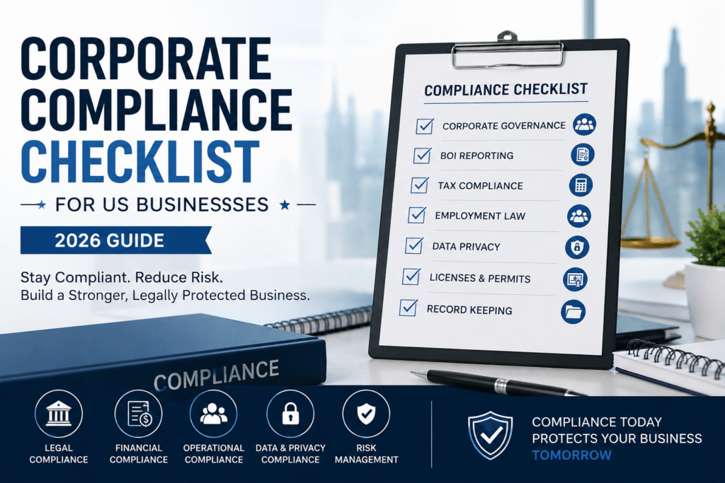 Corporate Compliance Checklist for US Businesses in 2026 featuring BOI reporting, tax compliance, employment law, data privacy, and corporate governance.