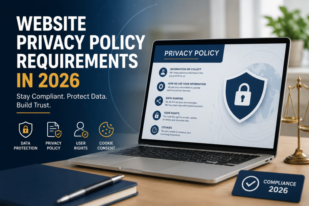 Website Privacy Policy Requirements in 2026 showing data privacy, cookie policy, user rights, and business compliance.