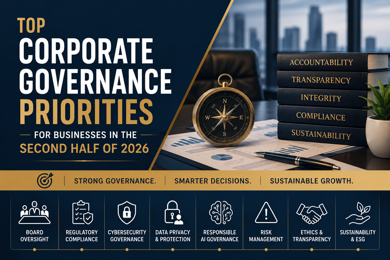 Top Corporate Governance Priorities for Businesses in the Second Half of 2026 featuring board governance, compliance, cybersecurity, data privacy, AI governance, and risk management.