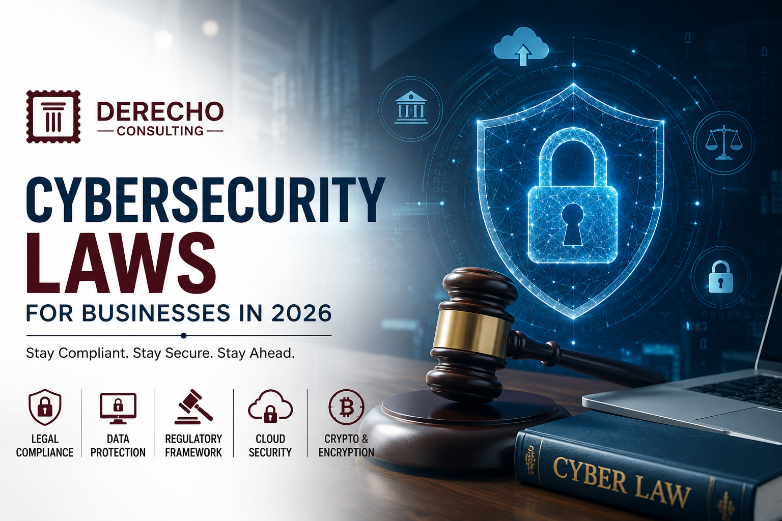 Cybersecurity Laws for Businesses in 2026 featuring data protection, cloud security, legal compliance, and cyber law by Derecho Consulting.