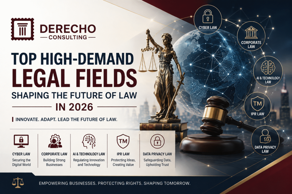Featured image illustrating the top high-demand legal fields in 2026, including Cyber Law, Corporate Law, AI & Technology Law, IPR Law, and Data Privacy Law.