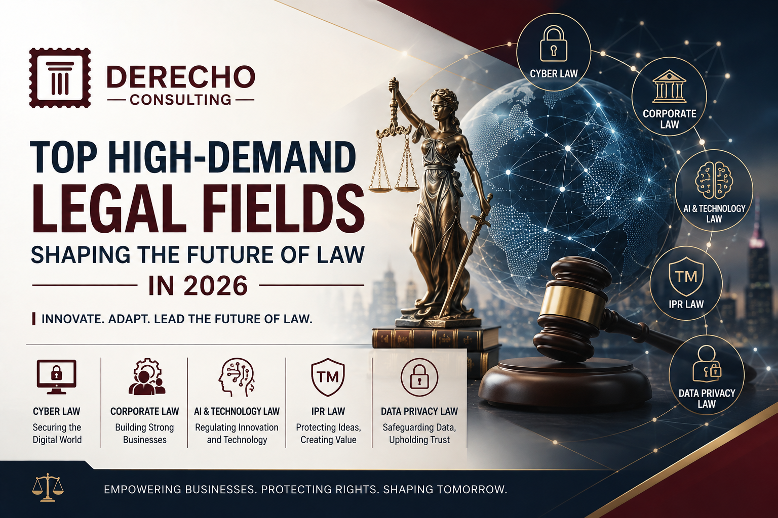 Featured image illustrating the top high-demand legal fields in 2026, including Cyber Law, Corporate Law, AI & Technology Law, IPR Law, and Data Privacy Law.