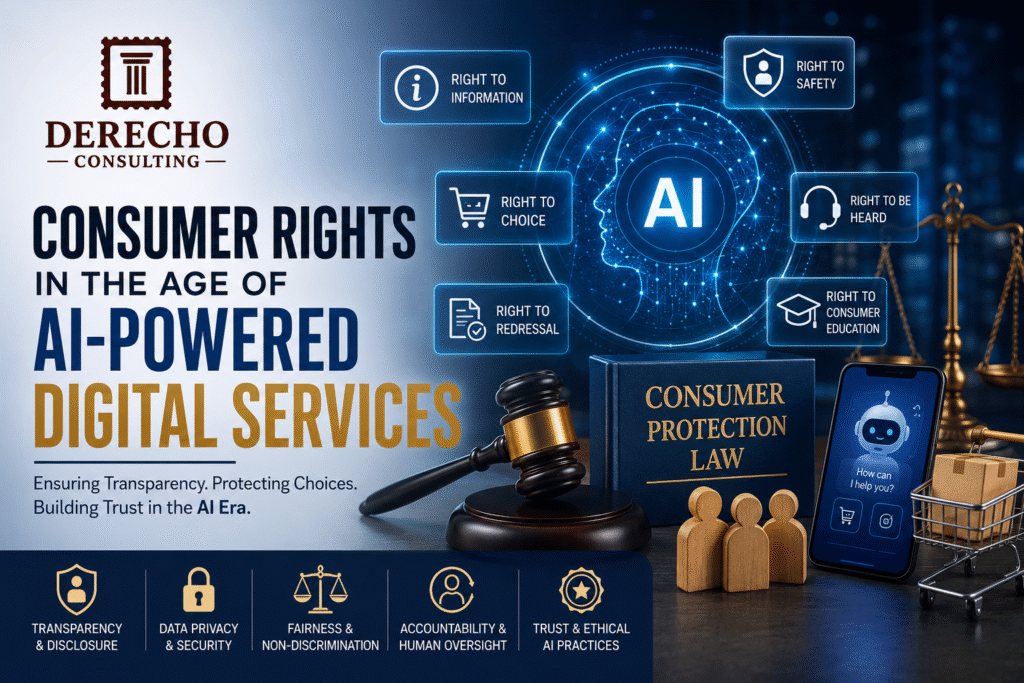 Consumer rights in AI-powered digital services, highlighting privacy, transparency, fairness, accountability, and consumer protection.