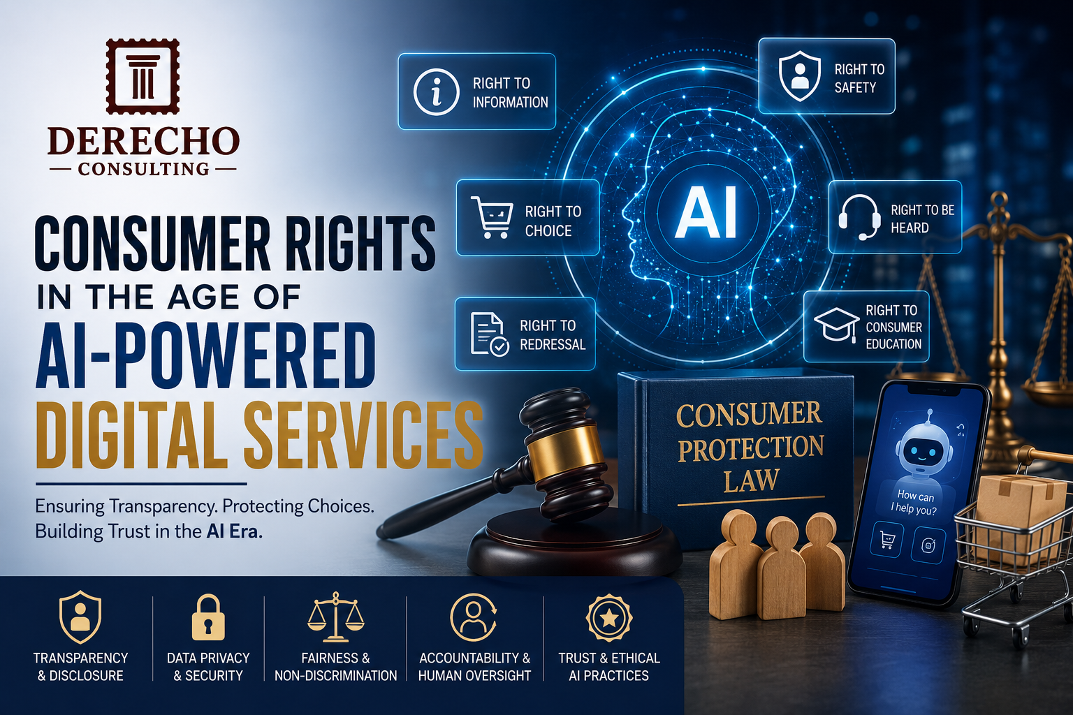 Consumer rights in AI-powered digital services, highlighting privacy, transparency, fairness, accountability, and consumer protection.