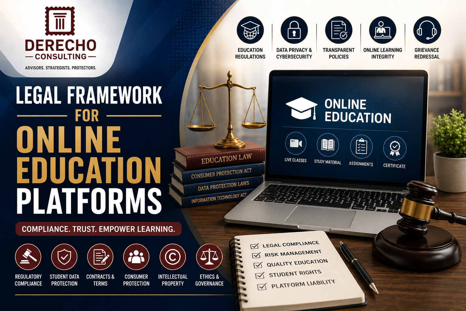 Legal framework for online education platforms covering education regulations, data privacy, contracts, consumer protection, and student rights.