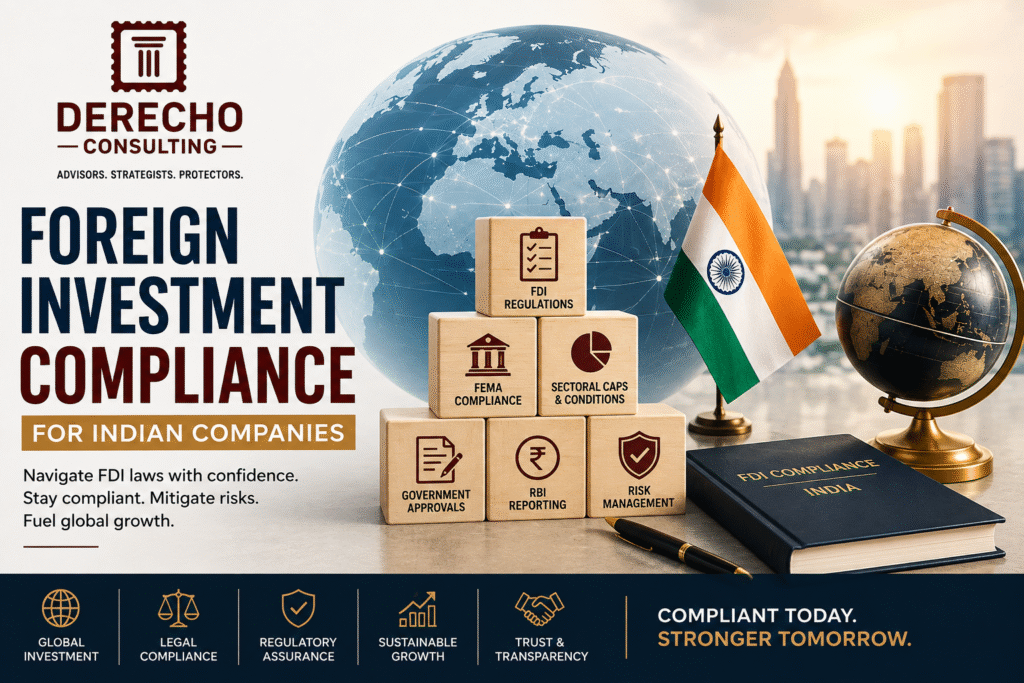 Foreign investment compliance for Indian companies showing FDI regulations, FEMA compliance, RBI reporting, approvals, and risk management.