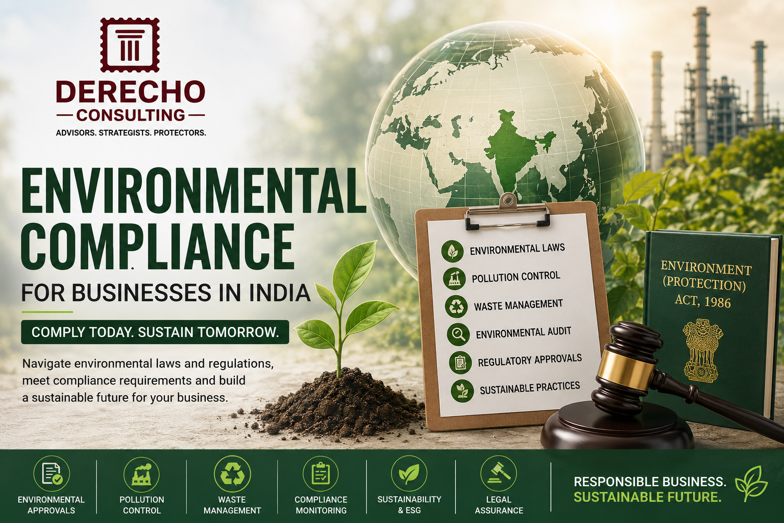 Environmental compliance for businesses in India covering environmental laws, pollution control, waste management, audits, approvals, and sustainability.