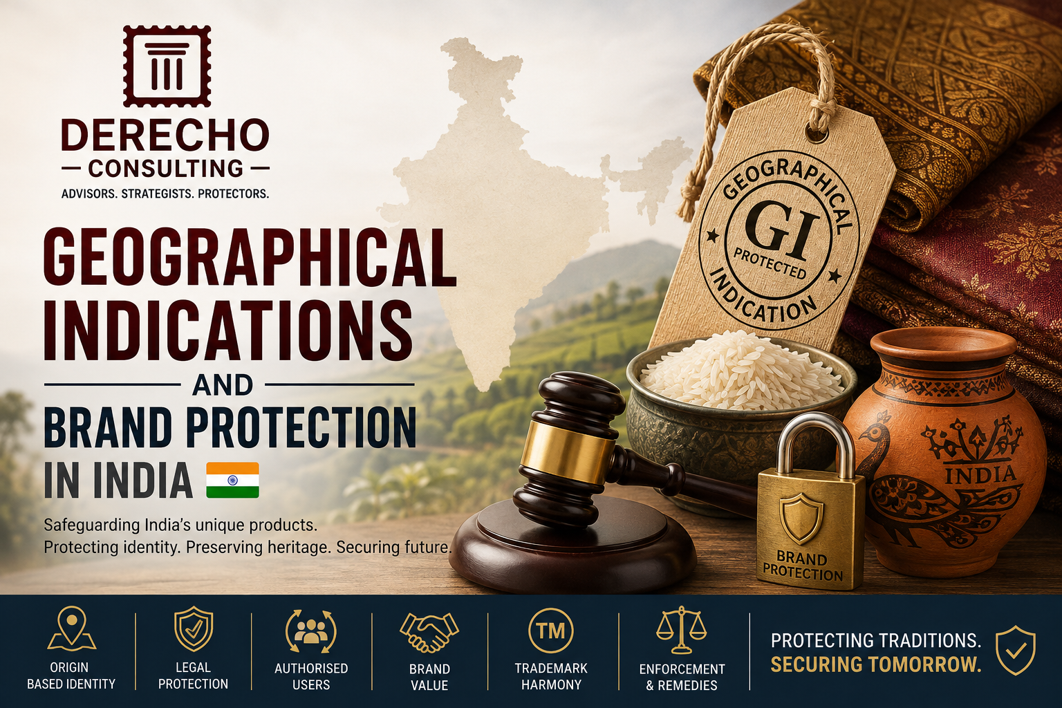 Geographical indications and brand protection in India featuring GI registration, legal protection, authorised users, trademarks, and enforcement.