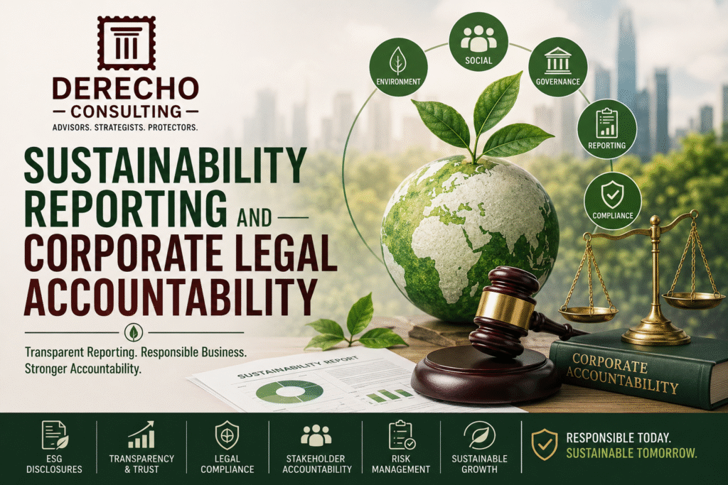 Sustainability reporting and corporate legal accountability with ESG disclosures, legal compliance, stakeholder accountability, and sustainable growth.