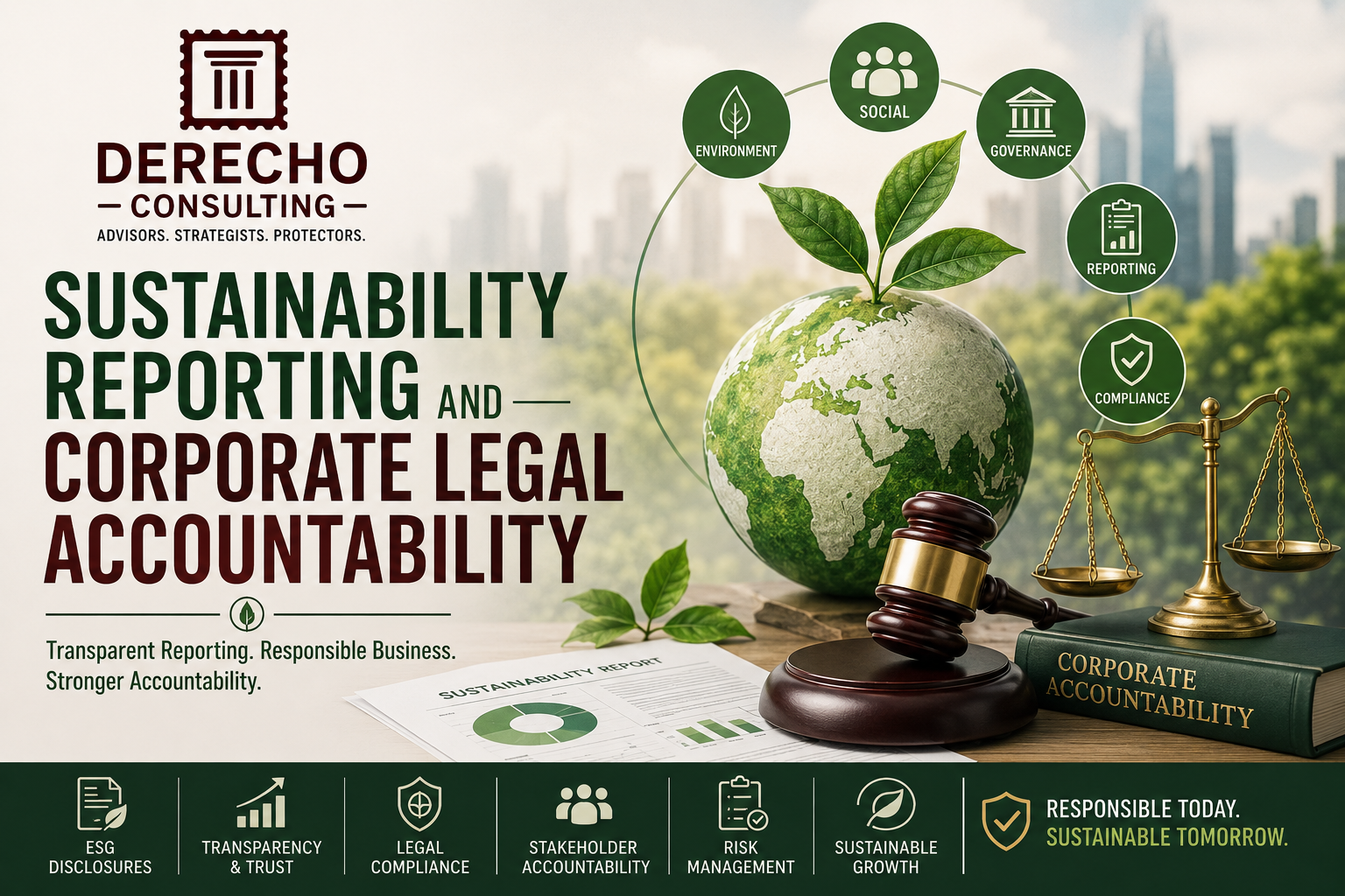 Sustainability reporting and corporate legal accountability with ESG disclosures, legal compliance, stakeholder accountability, and sustainable growth.