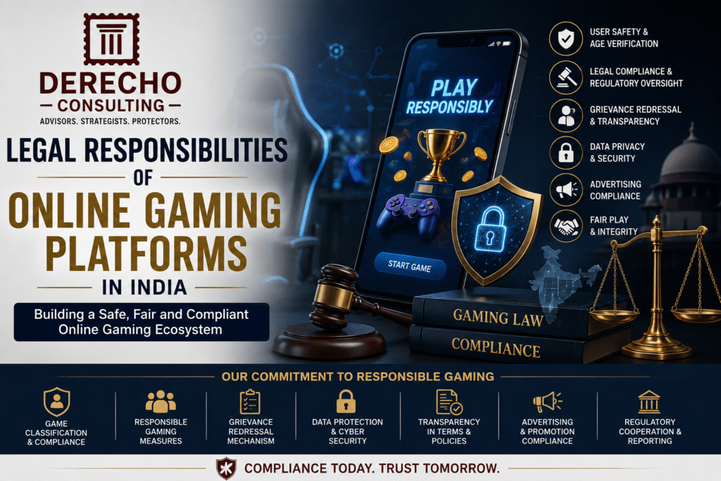 Legal responsibilities of online gaming platforms in India covering user safety, compliance, data privacy, advertising, and fair play.