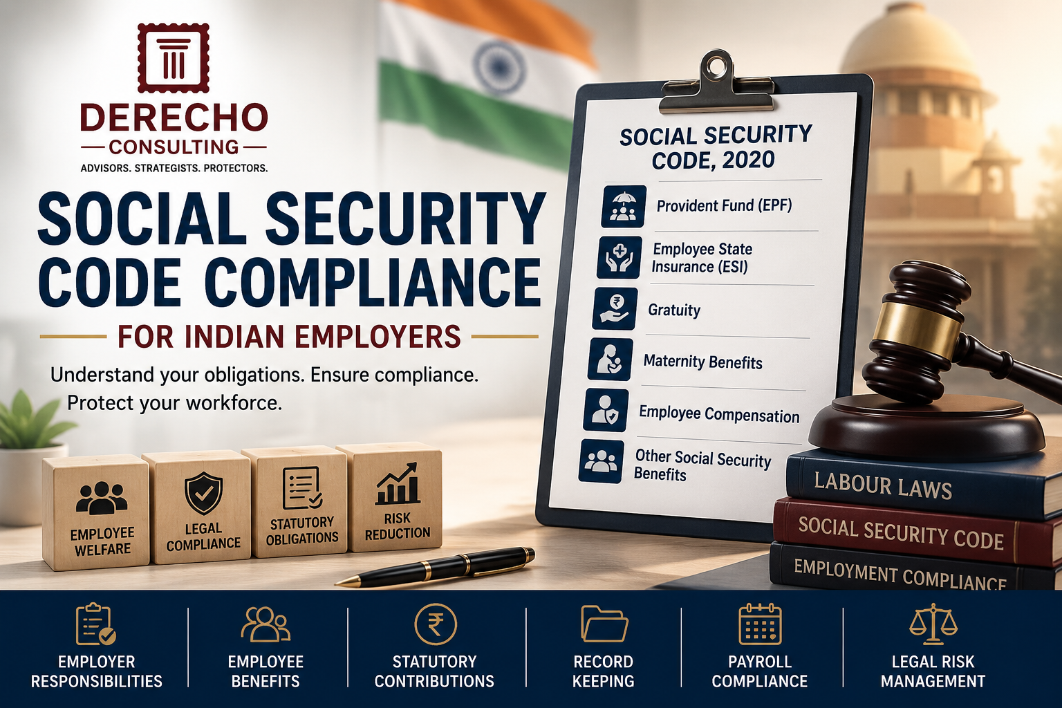 Social Security Code compliance for Indian employers covering EPF, ESI, gratuity, maternity benefits, employee compensation, and payroll compliance.