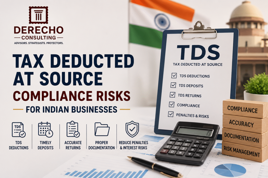 Tax Deducted at Source compliance risks for Indian businesses, showing TDS deductions, deposits, returns, documentation, and penalty risks.