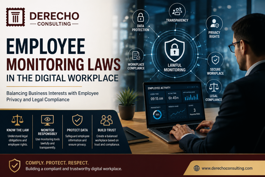 Employee Monitoring Laws in the Digital Workplace featuring workplace compliance, employee privacy, lawful monitoring, and data protection.
