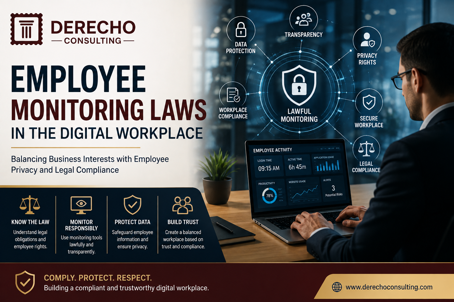 Employee Monitoring Laws in the Digital Workplace featuring workplace compliance, employee privacy, lawful monitoring, and data protection.
