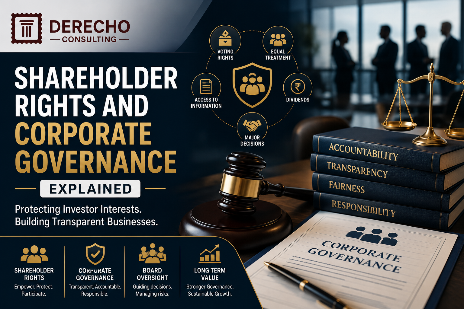 Shareholder Rights and Corporate Governance Explained featuring investor rights, corporate governance, board oversight, transparency, and accountability.
