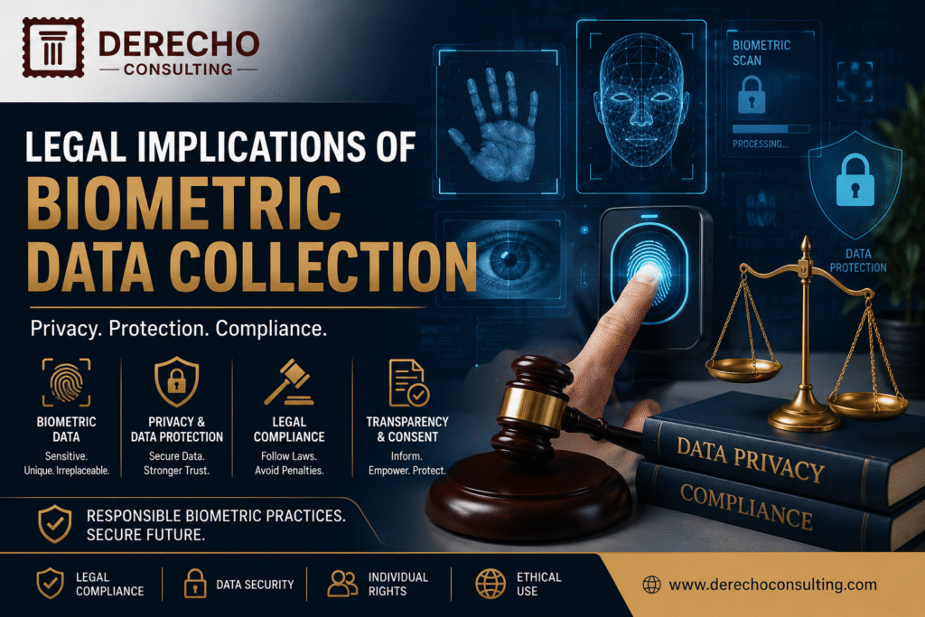 Legal Implications of Biometric Data Collection featuring biometric privacy, data protection, legal compliance, and secure identity verification.