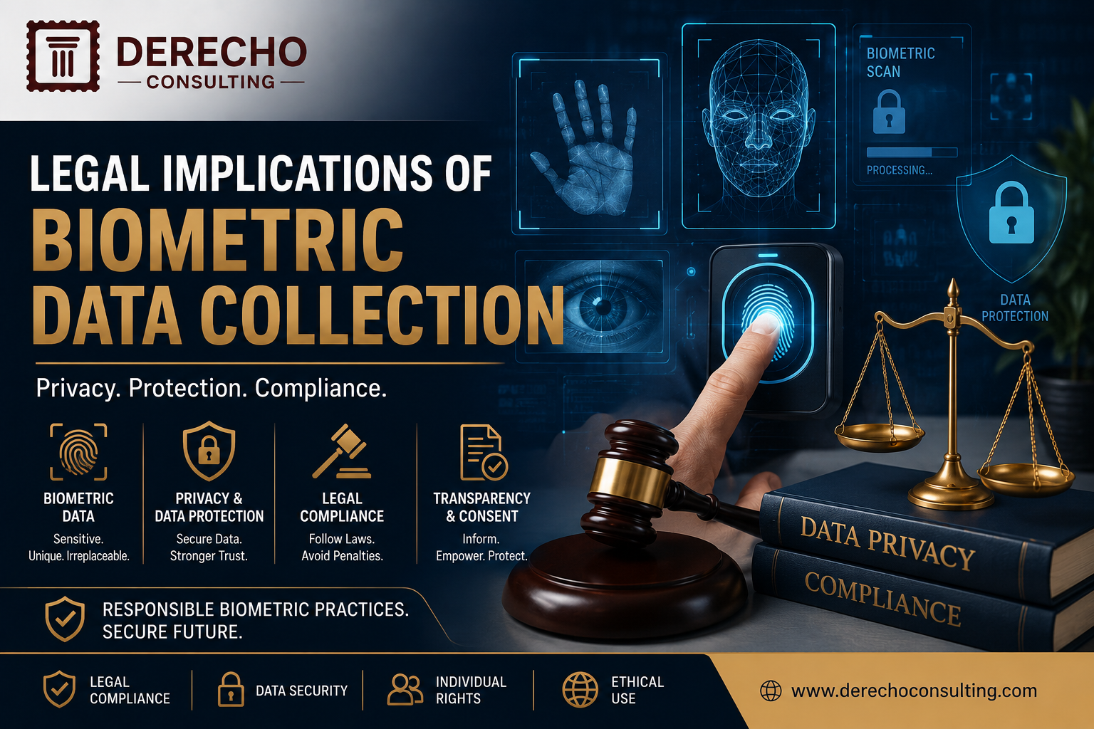 Legal Implications of Biometric Data Collection featuring biometric privacy, data protection, legal compliance, and secure identity verification.