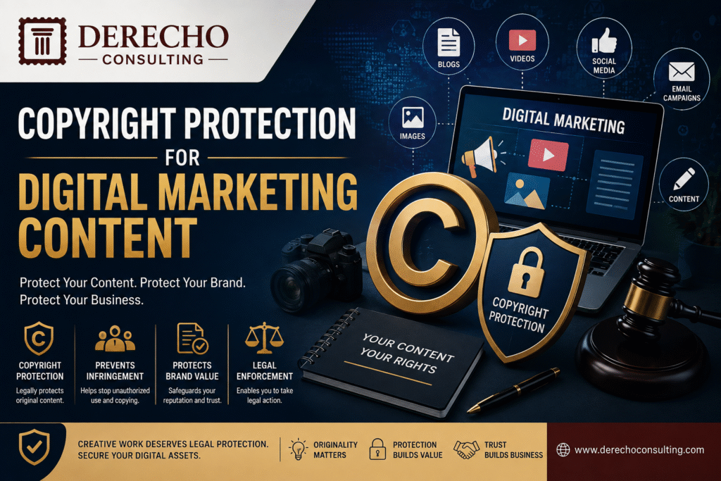 Copyright Protection for Digital Marketing Content featuring copyright law, digital assets, brand protection, legal compliance, and intellectual property rights.