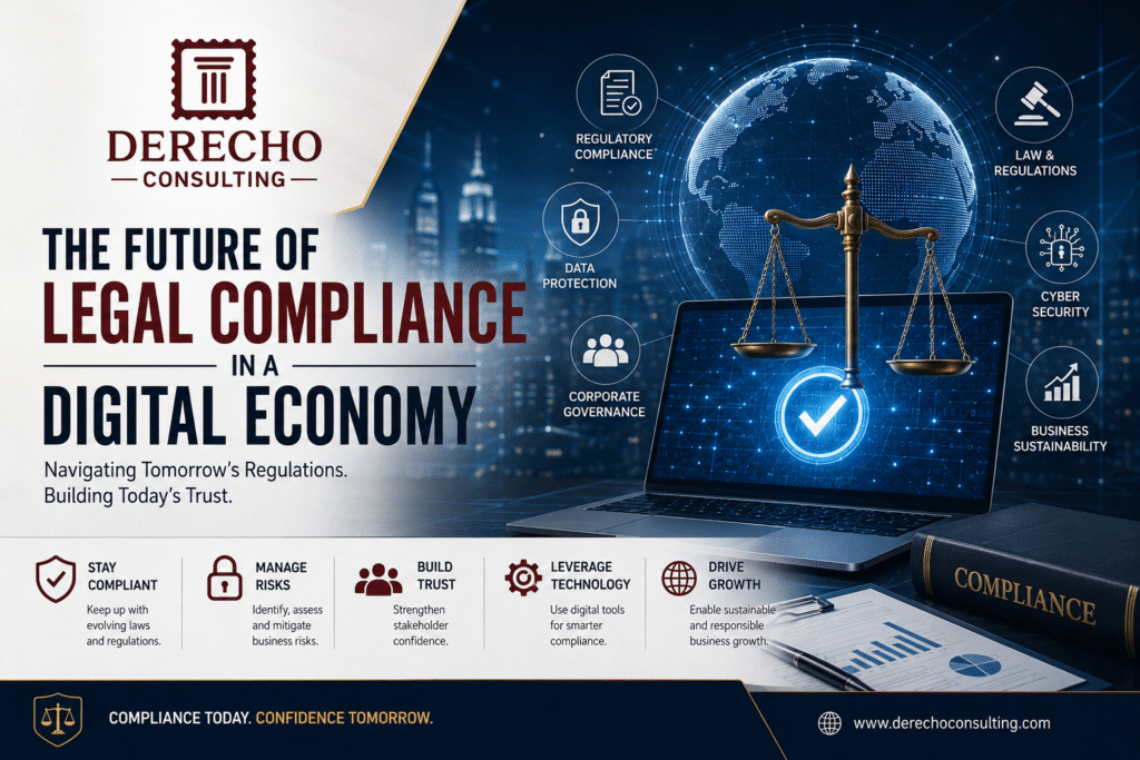 The Future of Legal Compliance in a Digital Economy featuring regulatory compliance, cybersecurity, corporate governance, and digital business law.