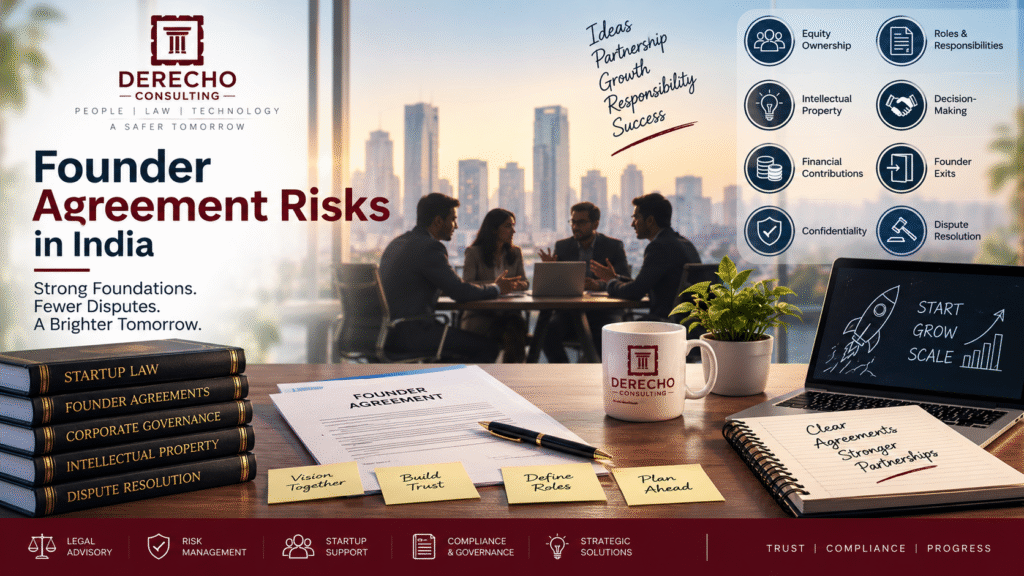 Founder Agreement Risks in India involving equity ownership, founder responsibilities, intellectual property, decision-making, exits, and dispute resolution.