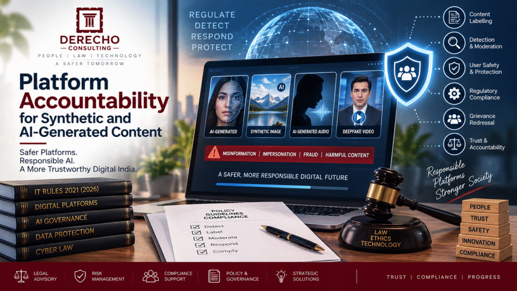 Platform accountability for synthetic and AI-generated content covering content labelling, moderation, user safety, and regulatory compliance.