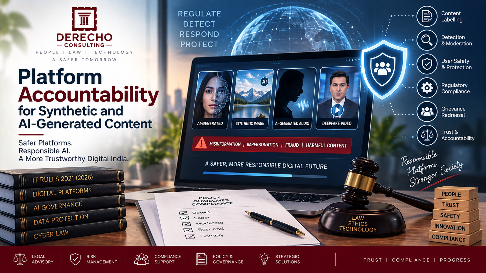 Platform accountability for synthetic and AI-generated content covering content labelling, moderation, user safety, and regulatory compliance.